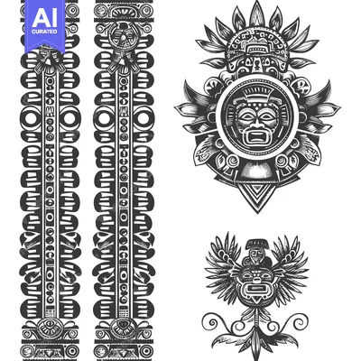 Premium design asset: Native American Totem Pole with Tribal Masks and Floral Motifs