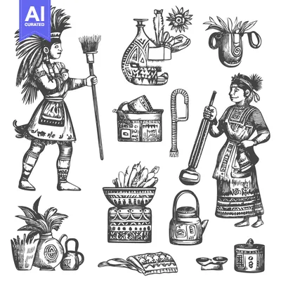 Premium design asset: Native American Tribal Art Collection with Indigenous Figures and Trad