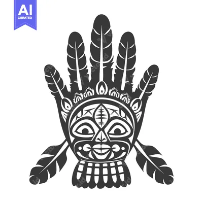 Aset desain premium: Native American Tribal Mask with Feathers and Geometric Patterns