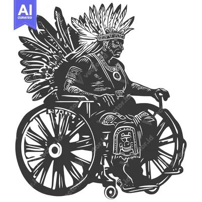 Aset desain premium: Native American Warrior in a Wheelchair with Feathers