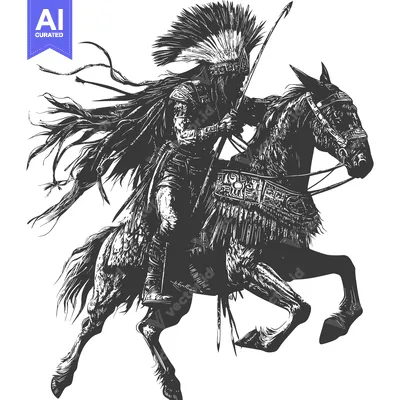 Aset desain premium: Native American Warrior on Horseback with Spear