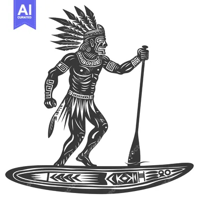 Aset premium populer: Native American Warrior Paddleboarding with Traditional Attire and Pad