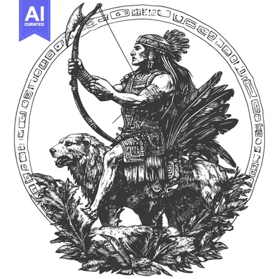 Premium design asset: Native American Warrior Riding a Bear with an Axe and Bow