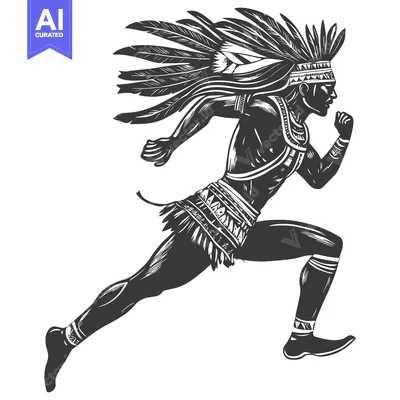 Aset desain premium: Native American Warrior Running with Feathers and Traditional Clothing