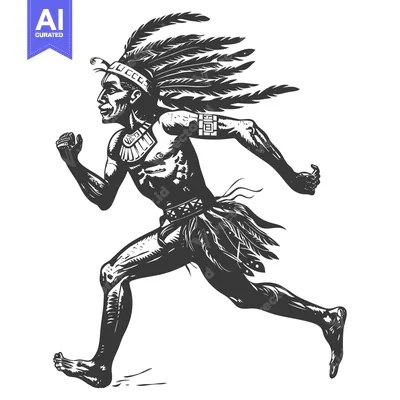 Aset desain premium: Native American Warrior Running with Feathers and Tribal Clothing