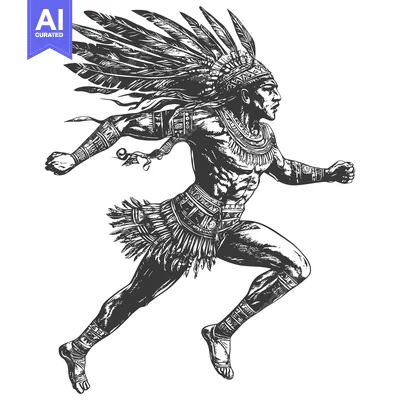 Aset desain premium: Native American Warrior Running with Feathers Headdress