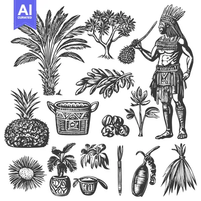 Native American with Tropical Plants and Fruits in Black and White