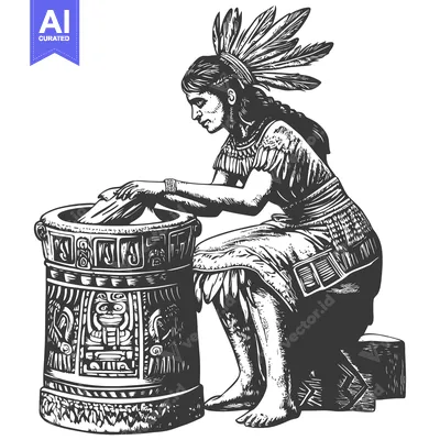 Aset desain premium: Native American Woman Grinding Corn in Mortar