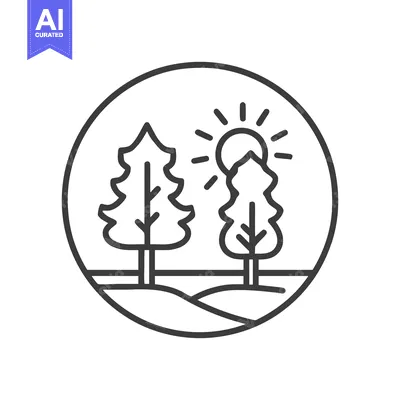 Aset premium populer: Minimalist Landscape Icon: Trees, Hills, and Sun in Circle Frame