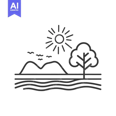 Aset desain premium: Simple vector illustration showing a landscape with mountains and a tr