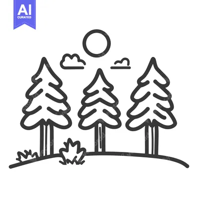 Aset desain premium: Three stylized evergreen trees stand on a small grassy hill under the