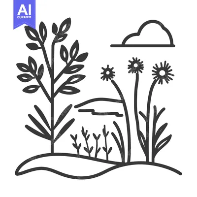 Aset desain premium: A minimalist line drawing illustrating nature and its landscape elemen
