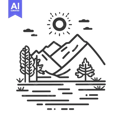 A simple black and white illustration of a mountain landscape scene