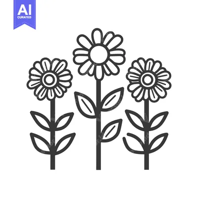 Premium design asset: Three stylized flowers with stems and leaves are displayed