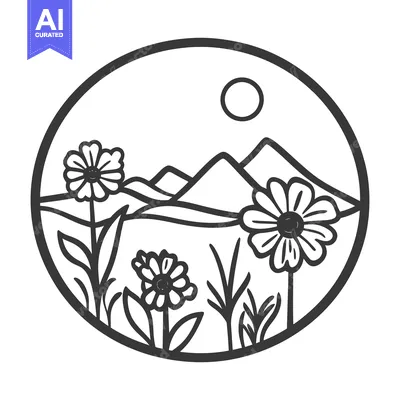 Aset desain premium: A black and white illustration of mountains flowers and sun
