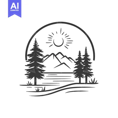 A serene landscape scene featuring mountains and evergreen trees