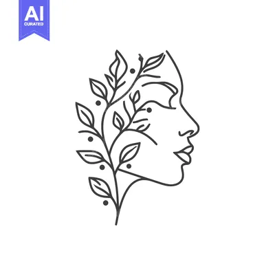 Aset desain premium: Minimalist Botanical Woman: Line Art Portrait with Foliage Detail