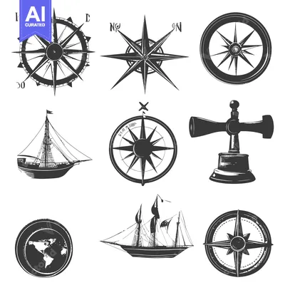 Aset premium populer: Nautical Compass and Sailing Ship Illustrations