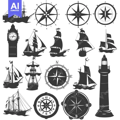 Popular premium asset: Nautical Silhouette Set of Ships, Compasses, and a Lighthouse