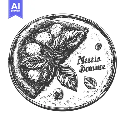 Aset desain premium: A vintage hand drawn pizza on a circular serving plate illustration