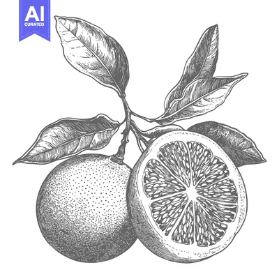 Aset premium populer: A vintage illustration depicts oranges with leaves on a branch