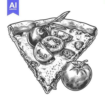 Premium design asset: A detailed pen and ink drawing of a pizza slice