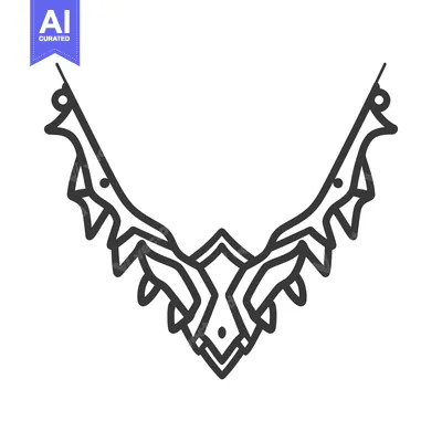A symmetrical black outline drawing of abstract ornate jewelry