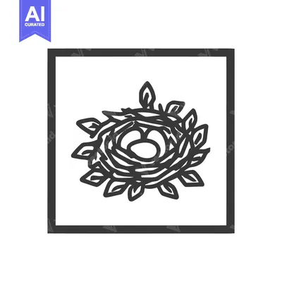 Aset desain premium: Minimalist Bird Nest Icon with Eggs in Square Frame, Dark Gray Outline