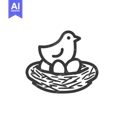 Aset premium populer: Stylized Bird Nest Icon with Eggs and Bird Silhouette, Minimalist Desi