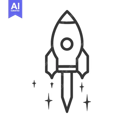 Premium design asset: A simple outlined rocket ship blasting off into the dark cosmos