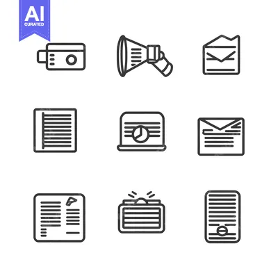 Premium design asset: Black and white outlined icons depict business related technology elem