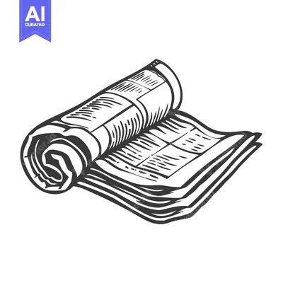 Aset desain premium: A black and white illustration of a rolled newspaper on a pile