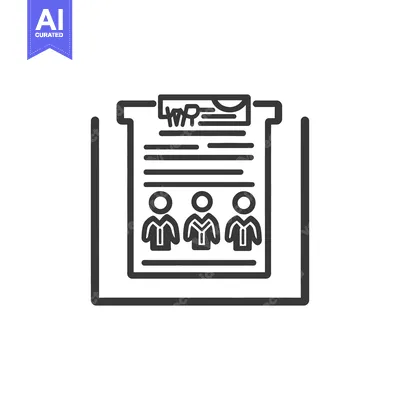 Aset desain premium: A clipboard displays a document and three people in an office setting