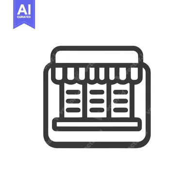Aset desain premium: Minimalist Storefront Icon with Awning and Display Windows, Bold Outli