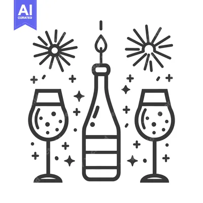 Aset premium populer: A festive celebratory illustration featuring bubbly drinks and firewor
