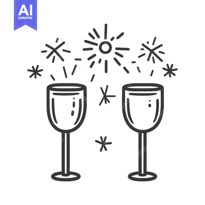 Two celebratory champagne glasses with fireworks above them in outline