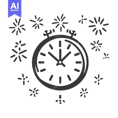 A clock surrounded by celebratory bursts in a simplistic graphic desig