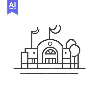 Aset premium populer: A black and white line drawing depicting an outdoor building