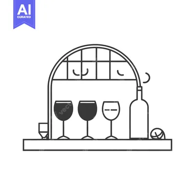 Aset desain premium: A minimalist line art image of wine glasses and a bottle