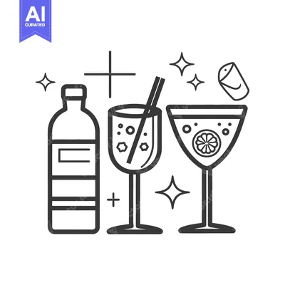 Aset desain premium: Three beverages including a bottle and two drinking glasses are displa