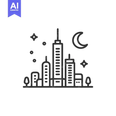 Aset desain premium: Minimalist Cityscape Icon with Moon and Stars at Night