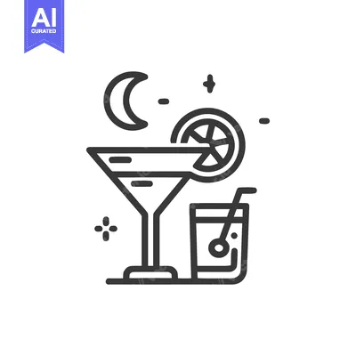 Aset premium populer: Minimalist Cocktail Icon with Moon, Star, and Lemon Slice Design