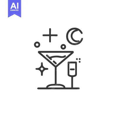 Minimalist Martini Icon with Celestial and Sparkling Elements, Line Ar