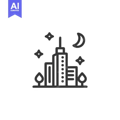 Aset desain premium: Cityscape at Night: Minimalist Line Art with Moon and Stars