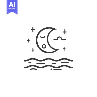 Aset desain premium: A stylized illustration depicting a crescent moon over wavy water