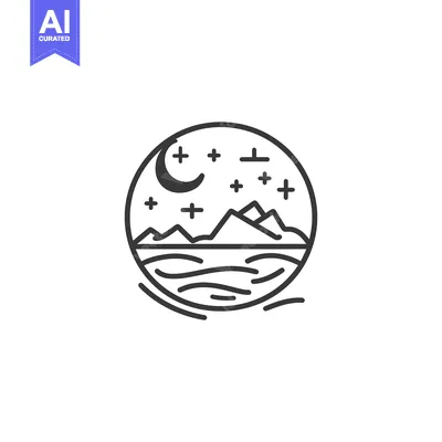 Aset desain premium: The illustration depicts a stylized night scene with mountains and wat