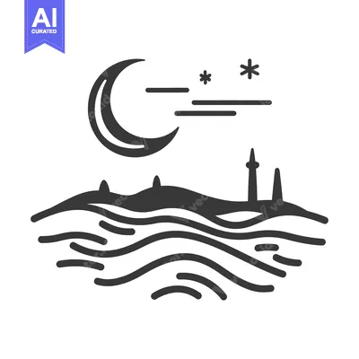 Aset desain premium: A stylized depiction of a moonlit seaside landscape at night