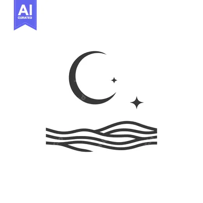 Premium design asset: A serene night sky featuring the moon and sparkling stars above the wa