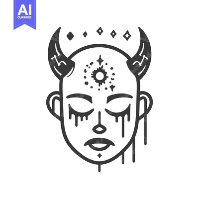 Aset premium populer: A stylized illustration depicting a face with horns and closed eyes