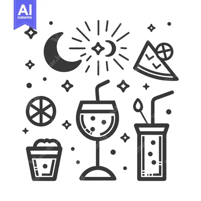 Aset premium populer: Black and white line art depicts celebratory food and drinks